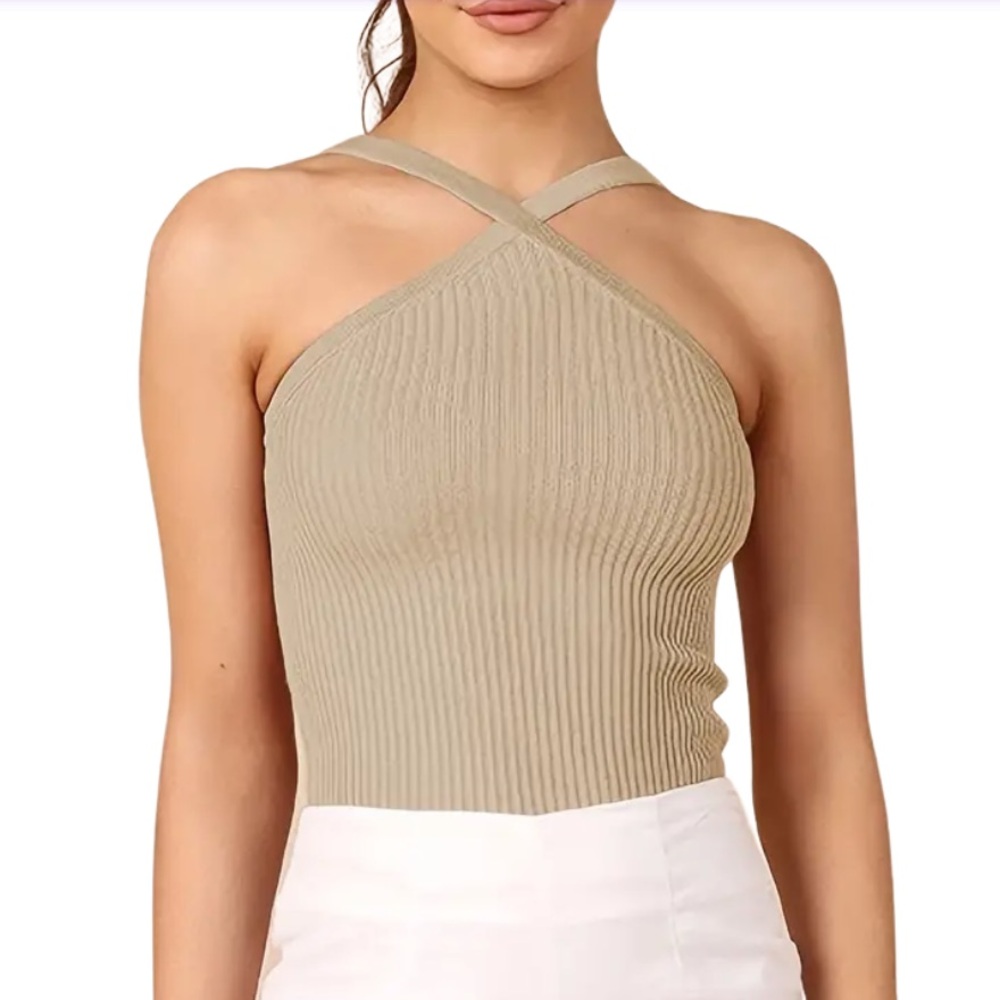 NEW Tan Halter Ribbed Knit Beige Crop Top